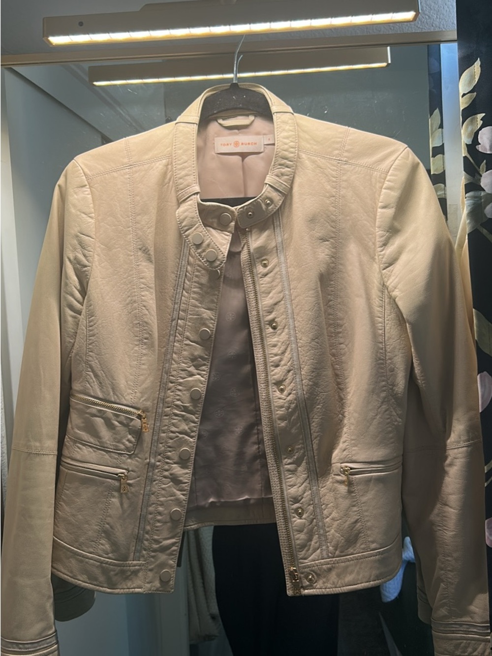 Tory Burch Cream Leather Zip & Snap Jacket with Gold Hardware